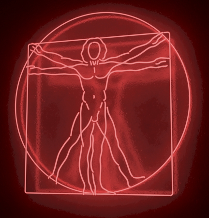 Leonardo Da Vinci s Vitruvian Man in a Red Neon Tube, Homo Quadratus, 3d rendering on black backgroundの写真素材