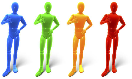 Man, figure standing holding thumbs up, color sampler blue, green, yellow, red, 3d rendering isolated on white backgroundの写真素材