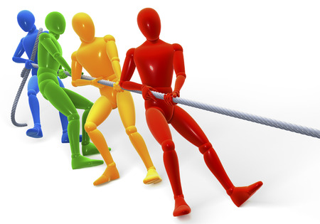 Colored figures, men performing the tug of war, 3d rendering isolated on white backgroundの写真素材