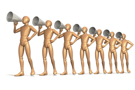 Group of figures calling through old-fashioned megaphonesの写真素材