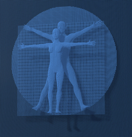 Leonardo Da Vinci Vetruvian Man, Homo Quadratus depicted in a grid of small blue cubes, voxels, digital style, 3d renderingの写真素材
