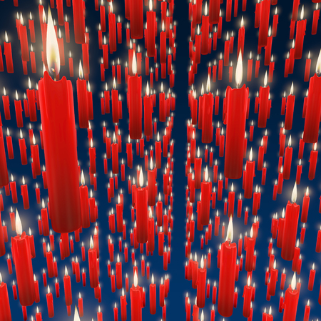 Field, space of floating, red, lit candles in front of blue gradient background, regular grid, 3d renderingの写真素材