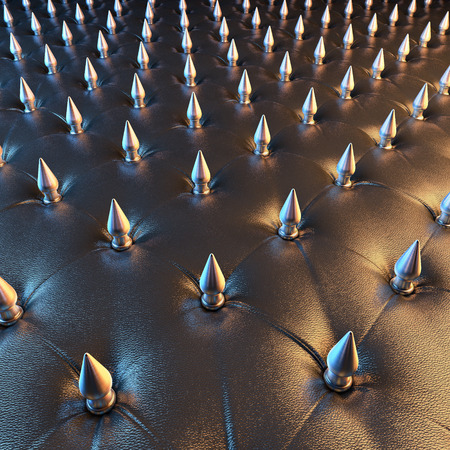 Upholstery surface, chesterfield style, material black leather, knobs steel spikes, 3d rendering, central perspectiveの写真素材