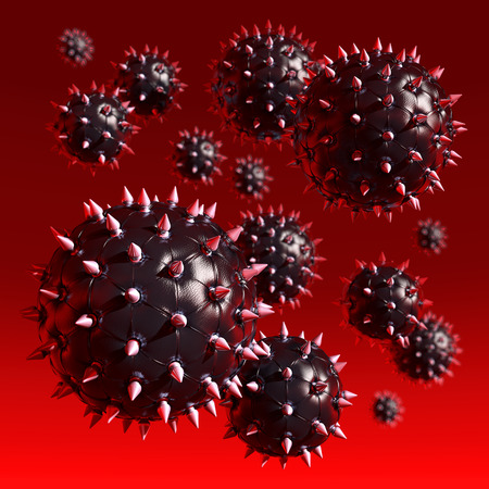 Black leather balls, chesterfield style, with reflecting steel spikes, red gradient background, 3d renderingの写真素材