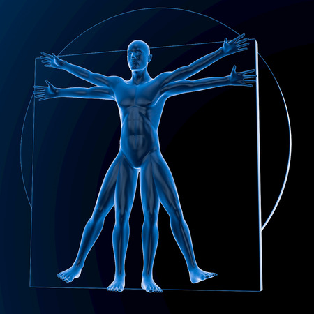 Leonardo da Vinci Vitruvian Man, translucent blue on dark background, no bones, 3d renderingの写真素材