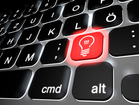 Lit keyboard with special idea, light bulb key, 3d renderingの写真素材