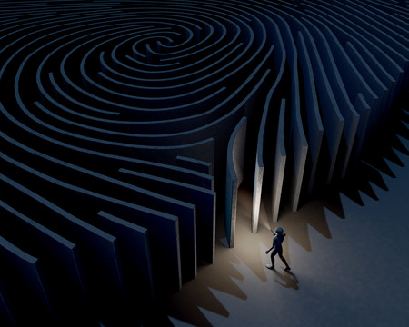 Man, character exploring, investigating entrance of fingerprint maze, 3d renderingの写真素材