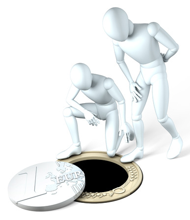 Down the drain - Two figures looking looking down a drain formed by a deconstructed euro coin on whiteの写真素材
