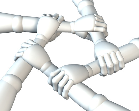 Hands clasping forearms ring, team building, rendering, illustration on white, backgroundの写真素材
