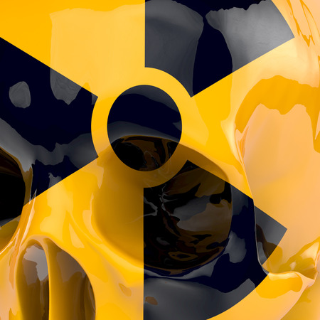 Radioactive sign on yellow lacquered skull, detail, zoomed, 3d renderingの写真素材