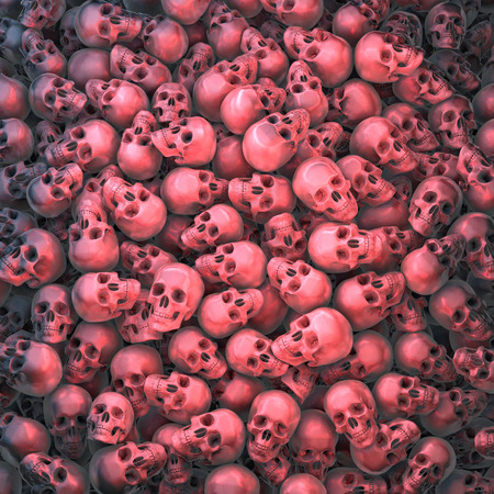 Heap, pool of red illuminated metal skullsの写真素材