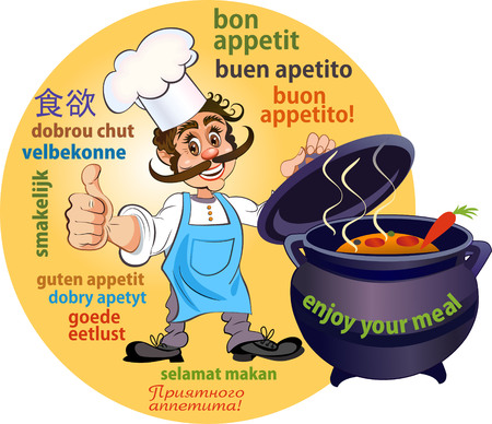 Happy chef showing off a finished meal. Enjoy your meal!のイラスト素材