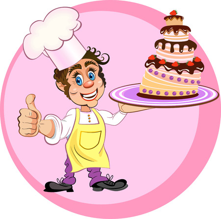 Chef holds a tray with cakeのイラスト素材