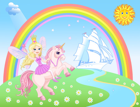 Unicorn with Fairy Princess and sailing shipのイラスト素材