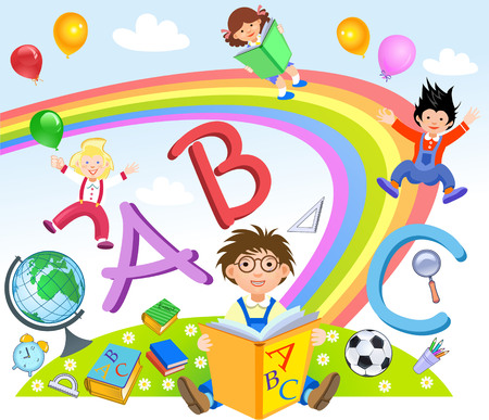 Kids Playing with Letters. Pupils of elementary schoolのイラスト素材