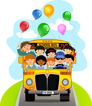 Cartoon School Kids Riding a School Busのイラスト素材
