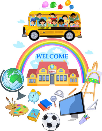 Cartoon of happy school children & Rainbowのイラスト素材