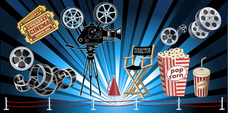 Film Reels, Clapper board and movie projectorのイラスト素材