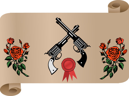 Vector Scroll of Love with Tattoo Rose With Gunのイラスト素材