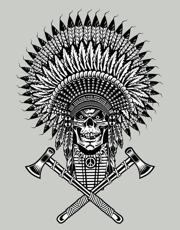 Indian chief skull with peace pipe and tomahawk of warのイラスト素材