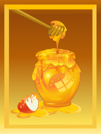 Honey dipper on the bee honeycomb. Apple and honey for Rosh Hashana jewish new yearのイラスト素材