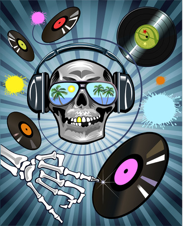 Human skull Dj wearing a colorful sunglasses in the beachのイラスト素材
