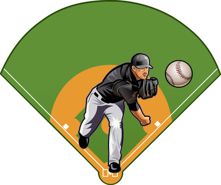 Baseball pitcher throws ball anf Baseball fieldのイラスト素材