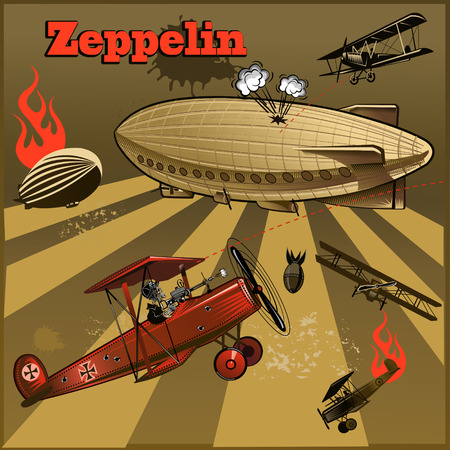 Vintage world war biplanes and Zeppelin. World War Iのイラスト素材