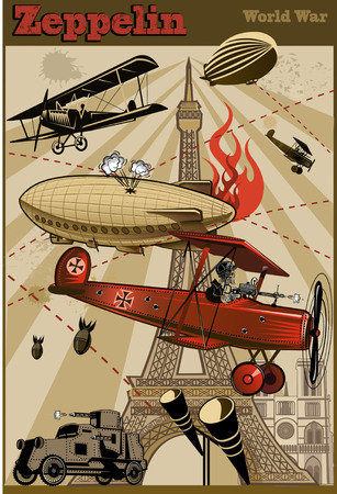 Vintage world war biplanes and Zeppelin. World War Iのイラスト素材