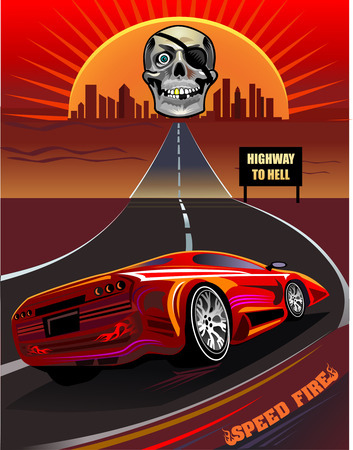 Highway and bloody red sky. Skull smileのイラスト素材