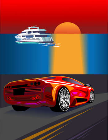 Race car driving on the highway. Yacht sailing in the seaのイラスト素材