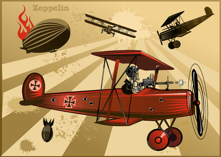Vintage world war biplanes and Zeppelin. World War Iのイラスト素材