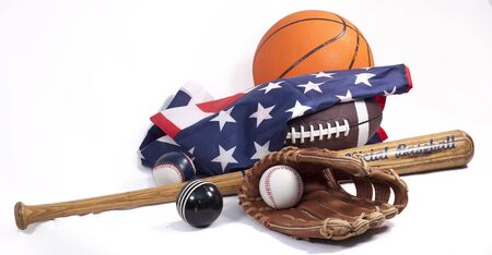 Baseball and glove with American flagの写真素材
