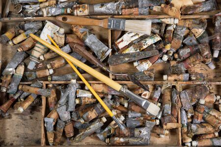 paint and a brush on white backgroundの写真素材