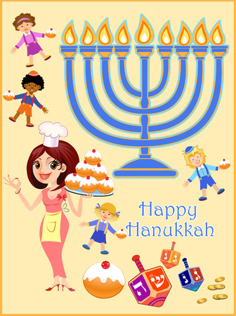 Jewish holiday Hanukkah greeting card with traditional symbols.のイラスト素材