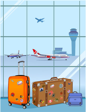 Travel suitcases in airport with a plane in background.のイラスト素材