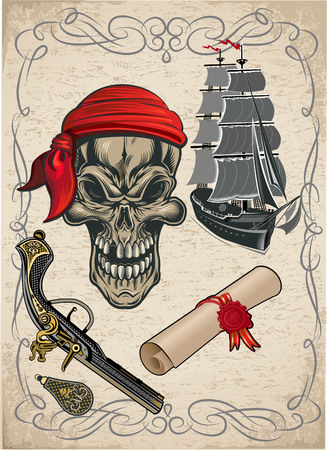 Pirate ship and skullのイラスト素材