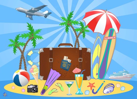 Summer Travel suitcase and beach parasolsのイラスト素材