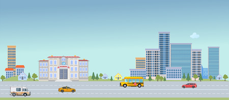 school bus and School buildingのイラスト素材