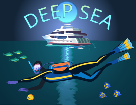 scuba diver and coral reef with fishes on a blue seaのイラスト素材