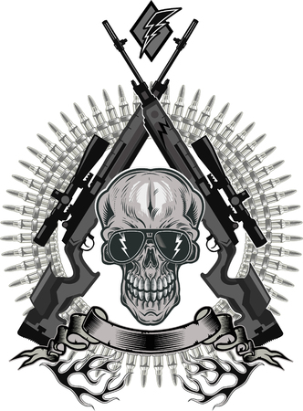 Skull, crossed guns and roses. Skull tattoo Combatのイラスト素材