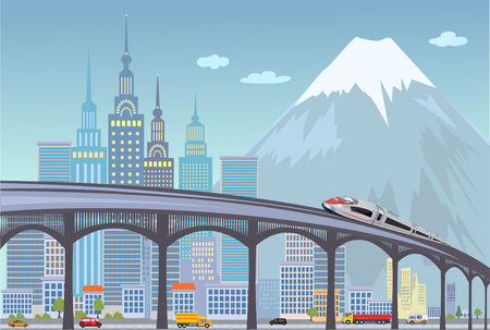 Urban landscape street with city office buildings and car. Family houses in town and mountain with green trees in background. Traffic on the road.のイラスト素材