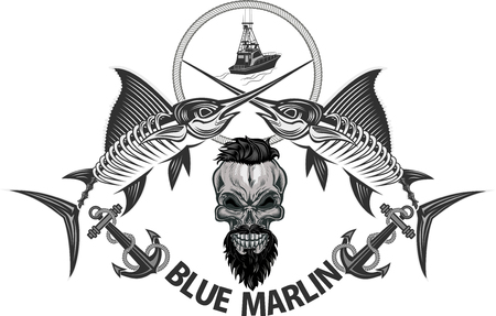 Crazy fishing. Skeleton fisherman catching marlin and tunaのイラスト素材
