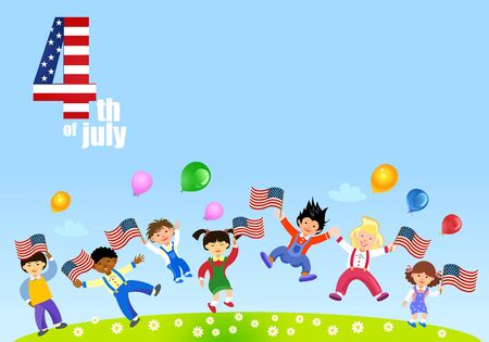 American children holding American flagsのイラスト素材