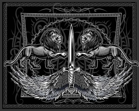 Two Big Male Lion. Face King Lion のイラスト素材