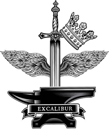 Sword and crown tattoo. Vintage gothic style inspired art. Tattoo design, trendy romance symbol のイラスト素材