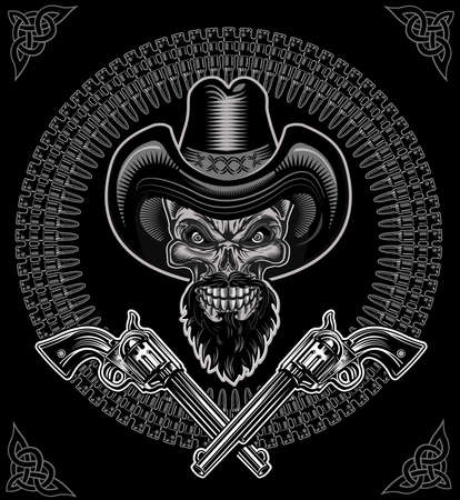 Cowboy Skull and Revolver. Black and Whiteのイラスト素材