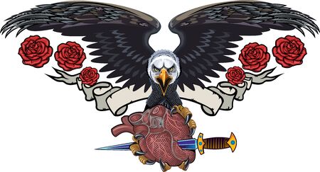 Eagle with heart and rose and ribbonのイラスト素材