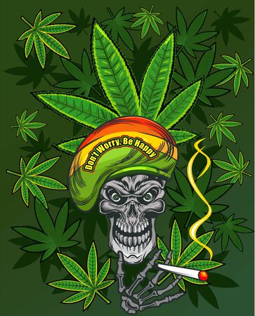 Rastaman skull with cannabis leafs and cigaretteのイラスト素材