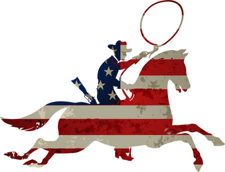USA Flag and the silhouette of an authentic western cowboy on horsebackのイラスト素材